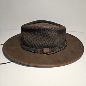 Minnetonka Fold Up Hat Brown Genuine Leather Mesh Crown Outback Western Large